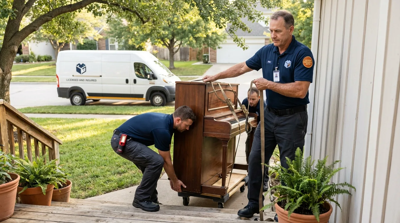 Licensed piano movers securing grand piano in Colusa, CA