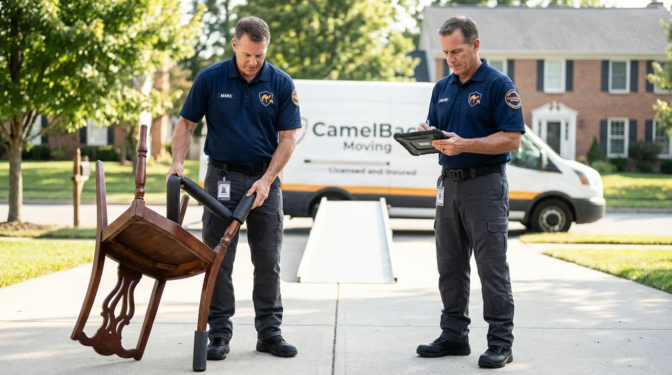 Movers inspecting furniture for damage prevention before loading in Colusa, CA