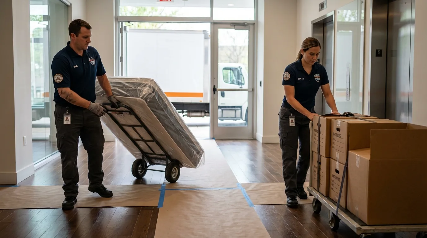 Professional apartment movers loading elevator in Colusa, CA
